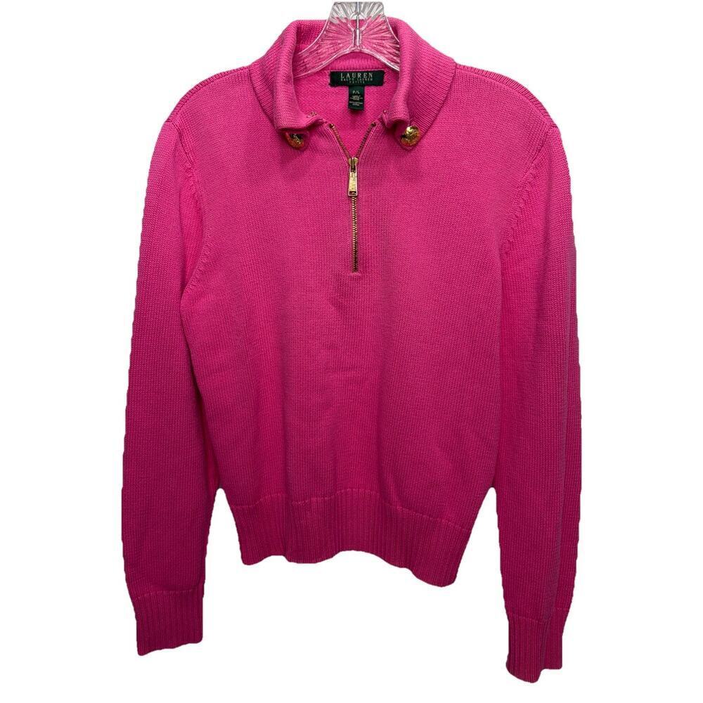 Lauren Ralph Lauren Petite Women's Pink 1/4 Zip Gold Buttons Pullover Sweater
